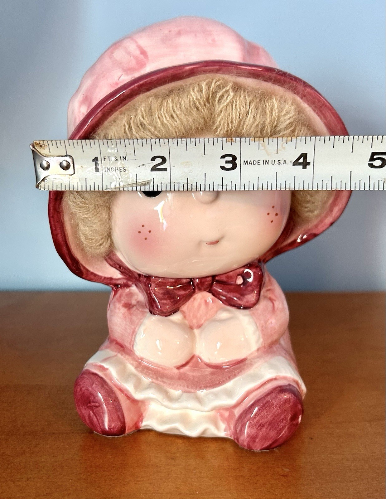 Vintage Pink Nancy Pew Big Eyed Doll Moppet Planter Vase W/ Yarn Hair Japan 6.5”