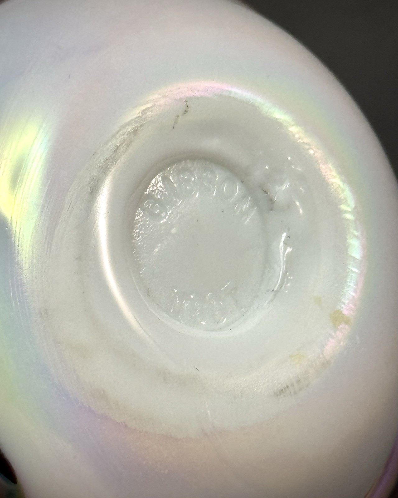Gibson Glass Milk Carnival Paperweight Applied Pink Purple Strings 1991 DAMAGED