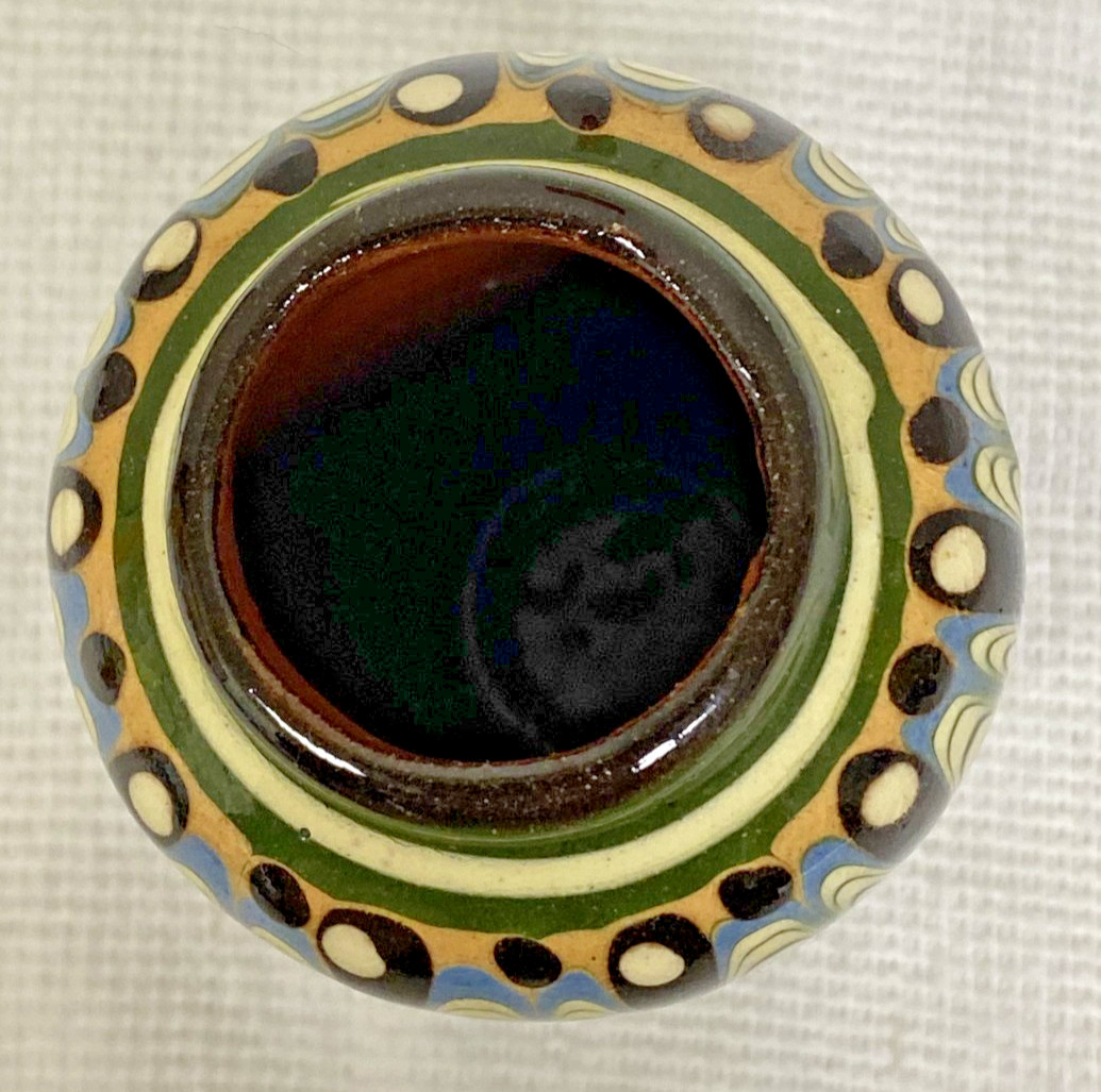 Bulgarian Folk Art Troyan Pottery Green Brown Drip Glaze Vase 3 1/2″ Tall