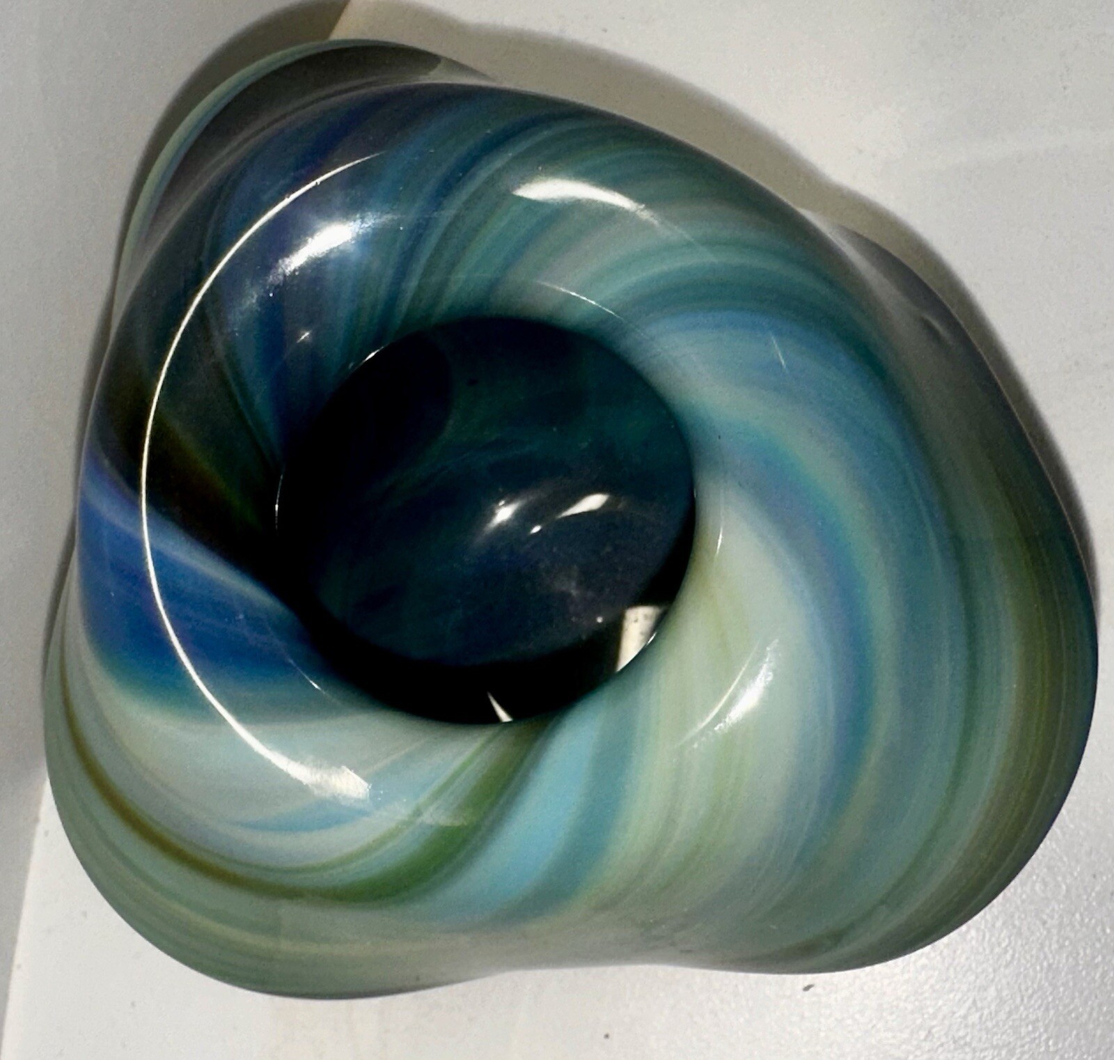 Vintage El Enany Egypt Art Glass Vase Hand Blown Blue Green Swirl Ruffled