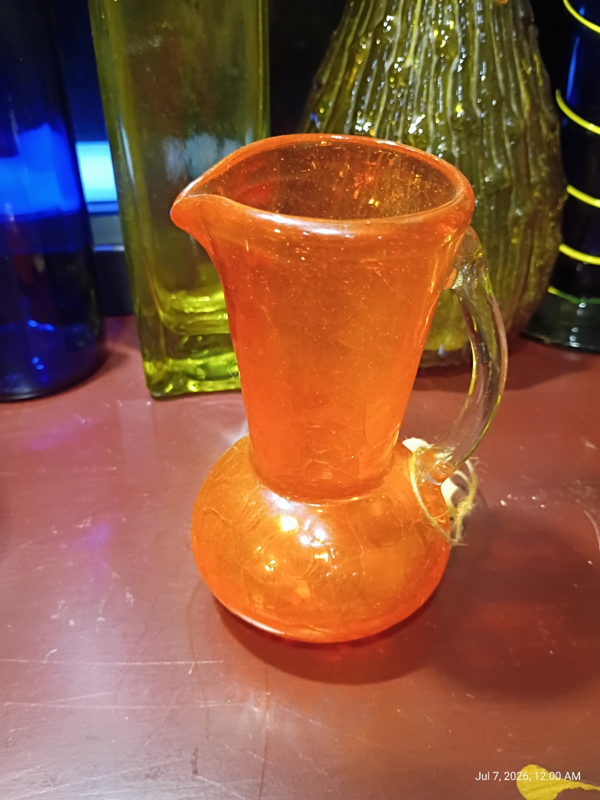 Vintage Tangerine Orange Crackle Vase Hand Blown clear Handle