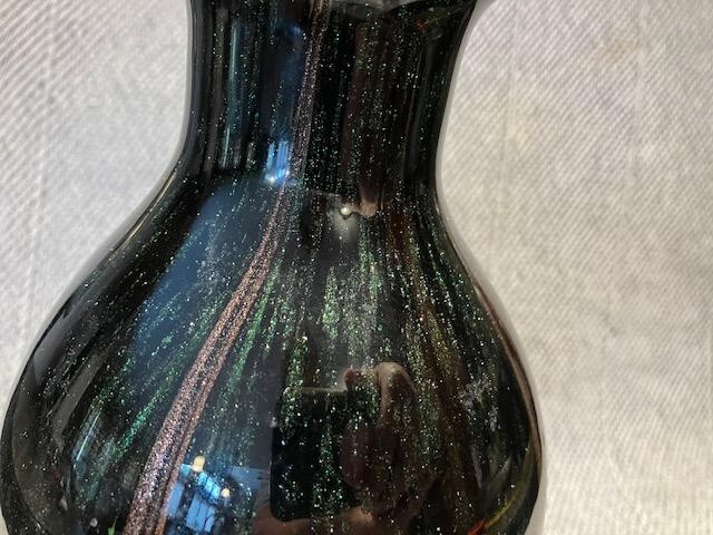 VINTAGE Murano Glass Black Vase With Gold Glitter Green Purple Bronze Scales🖤
