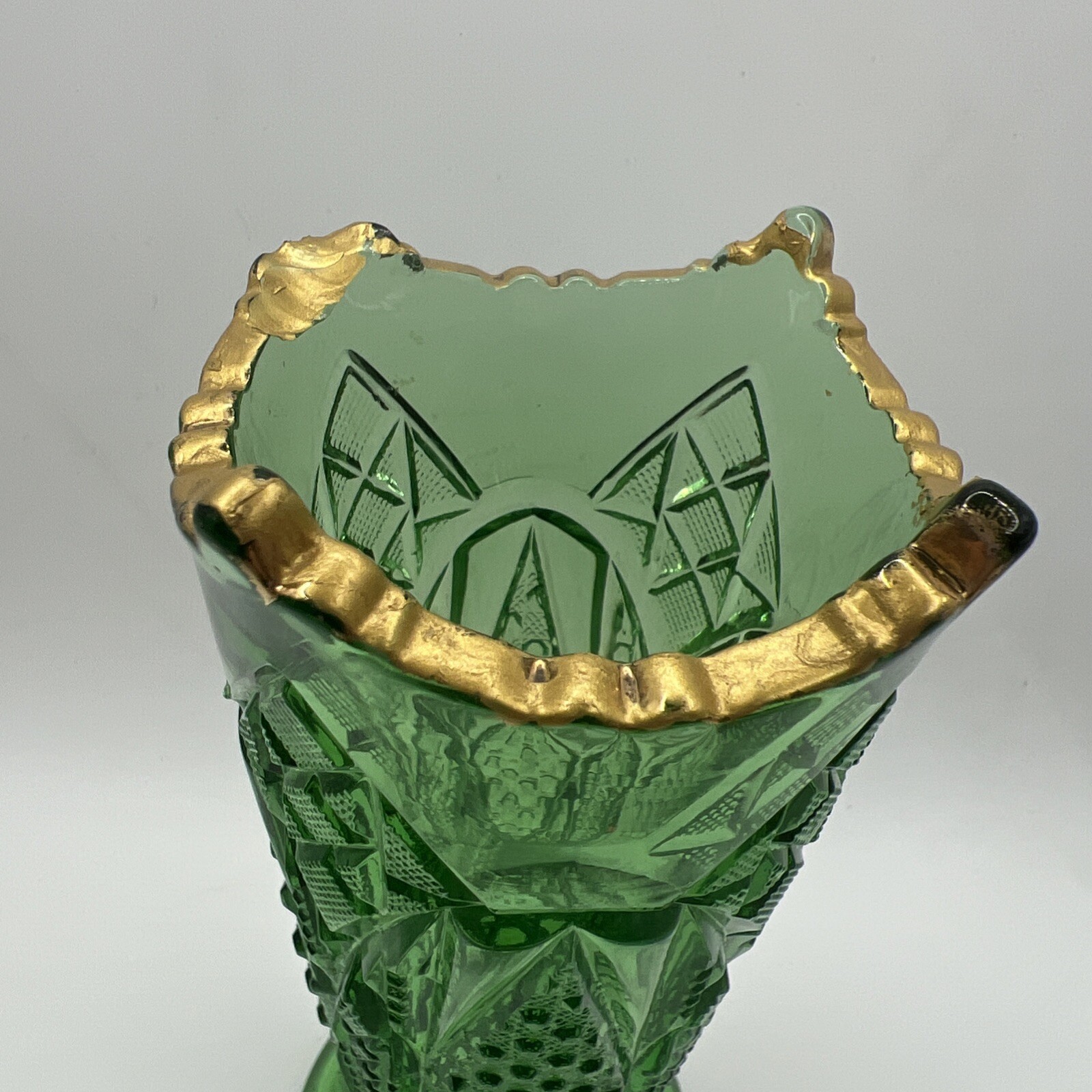 Vintage US Glass Co Vase Emerald Green Gold Trim 6” Tall. Weighs 15 Ounces.