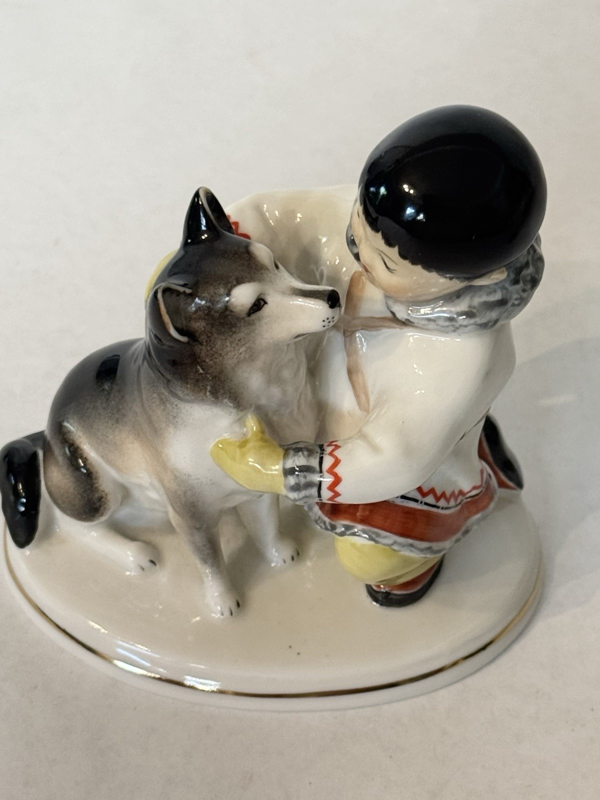 Vintage LFZ Lomonosov USSR Russian Yakut Boy Child Husky Dog Porcelain Figurine