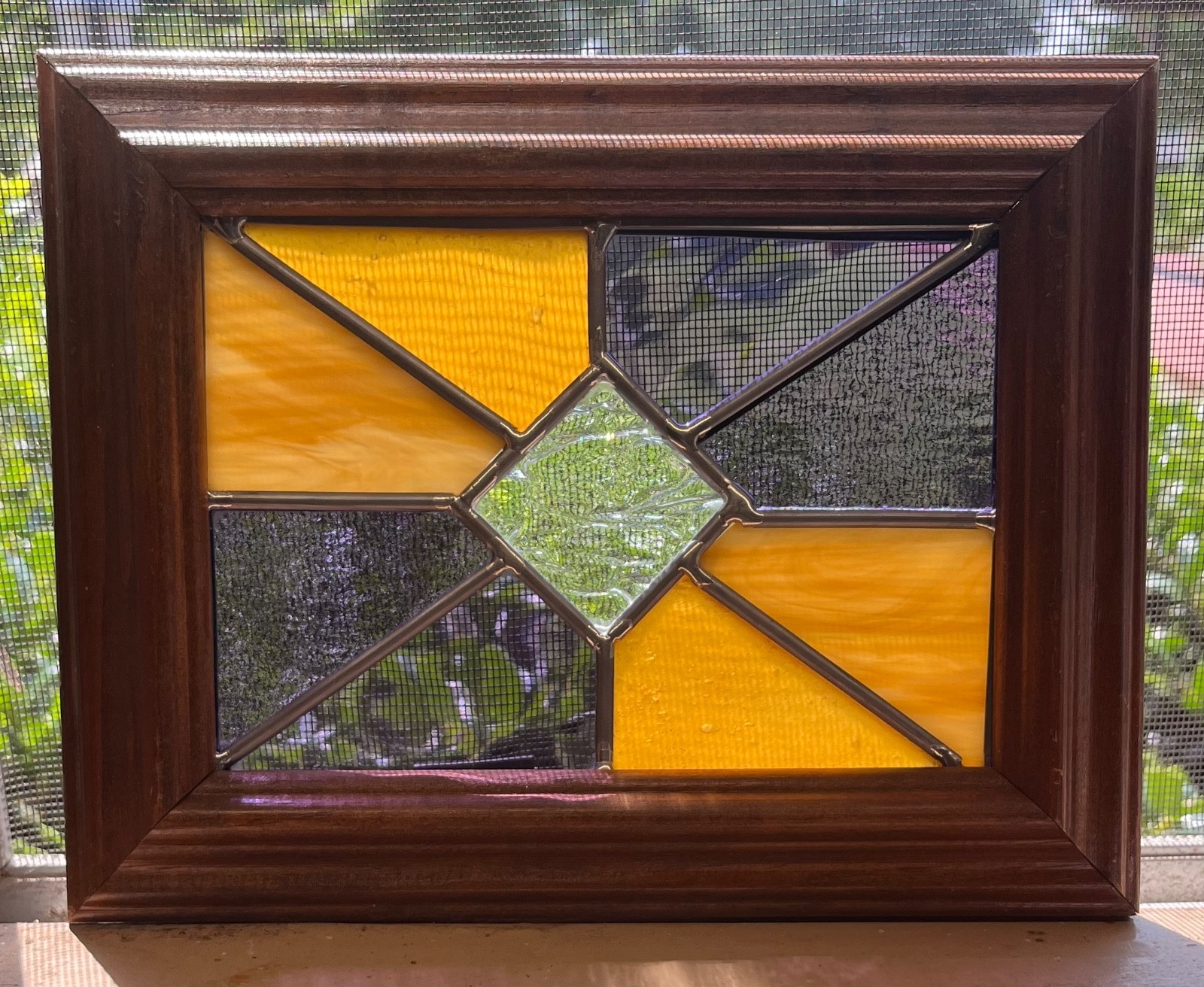 Geometric Stained Glass Panel w/Wooden Frame-Purple & Gold-Handmade-5x7glass-