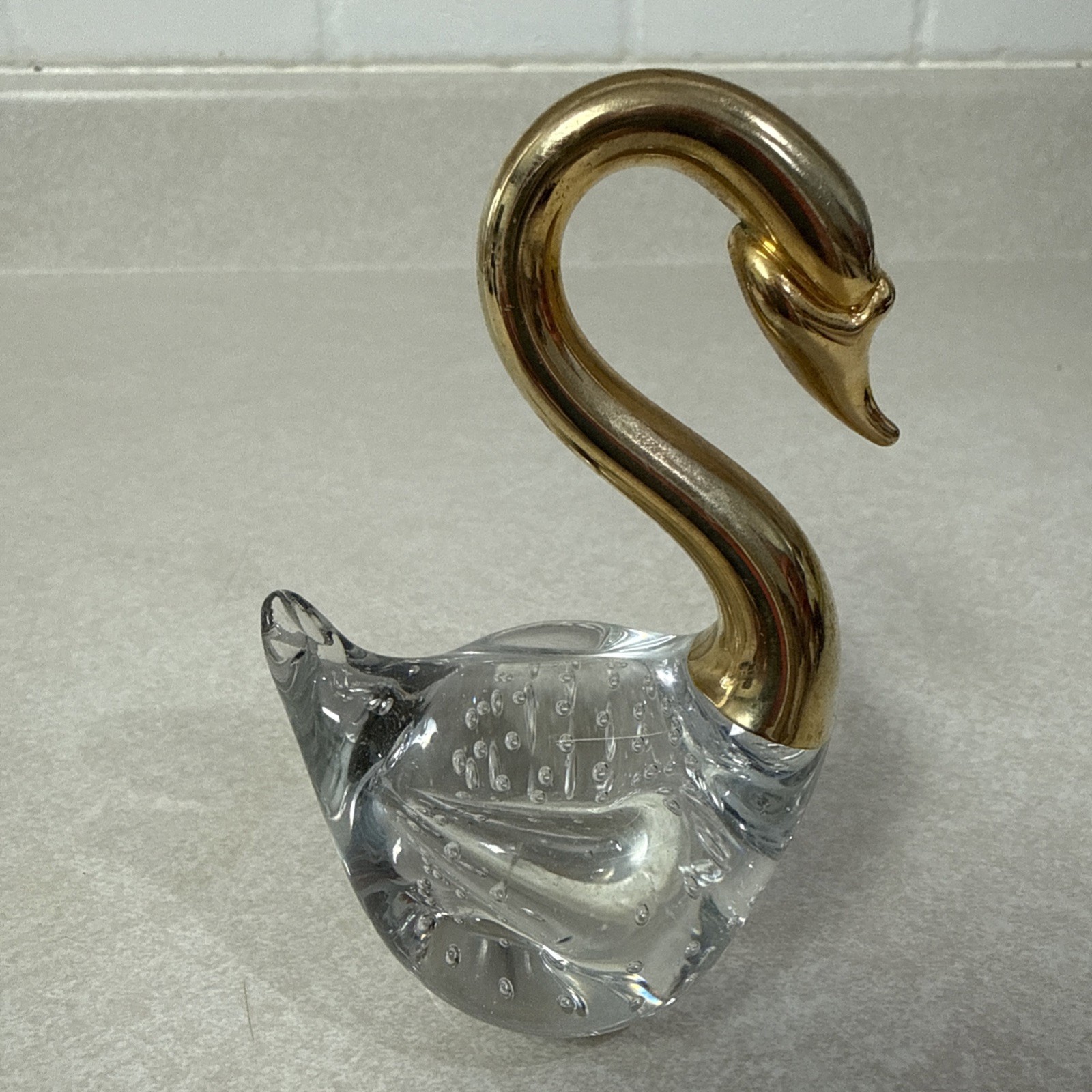 Swan Paperweight Bubble Glass Brass Neck Goose Clear Cottagecore Figurine