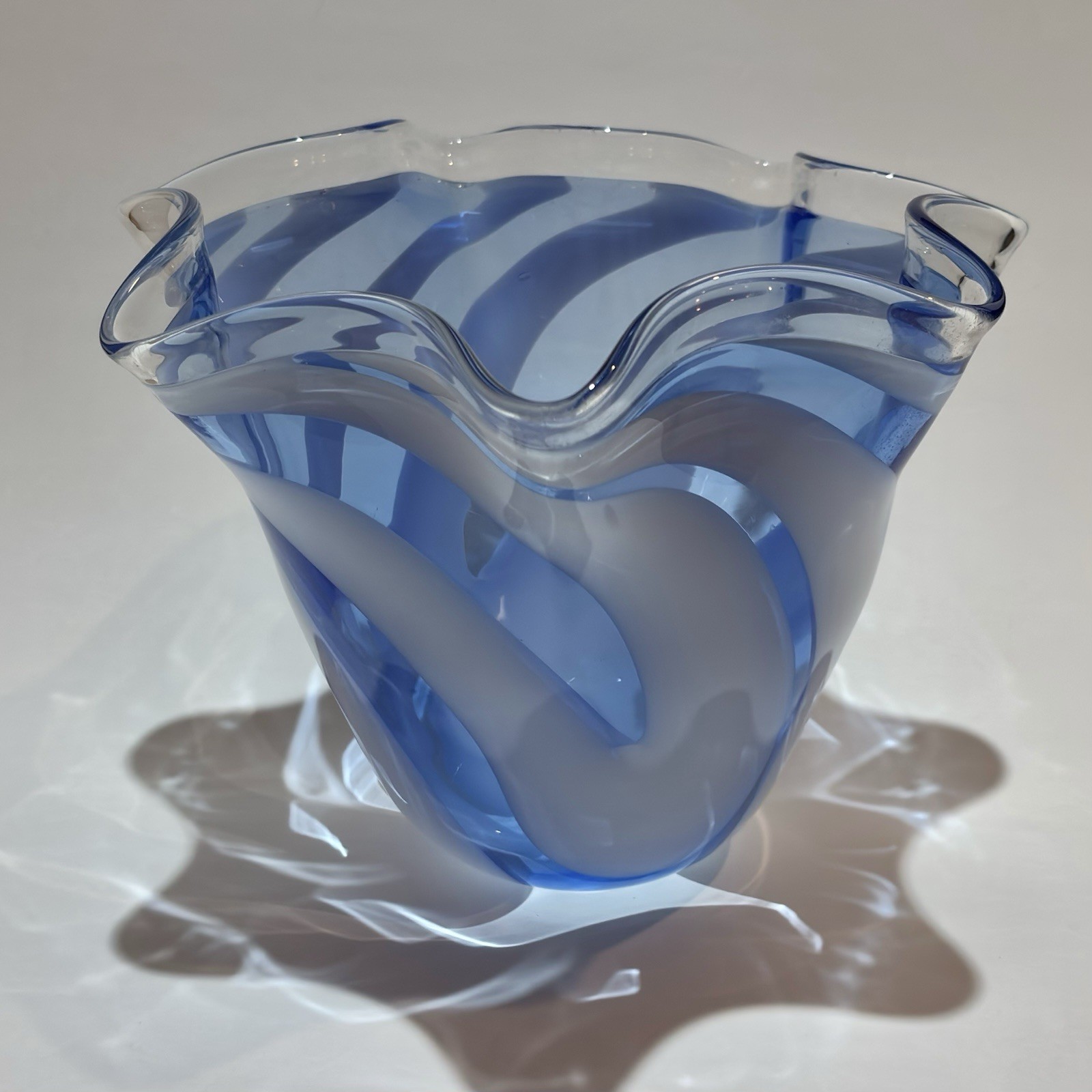 Vintage Blue and White Swirl Ruffled Edge Handmade Art Glass Handkerchief Vase