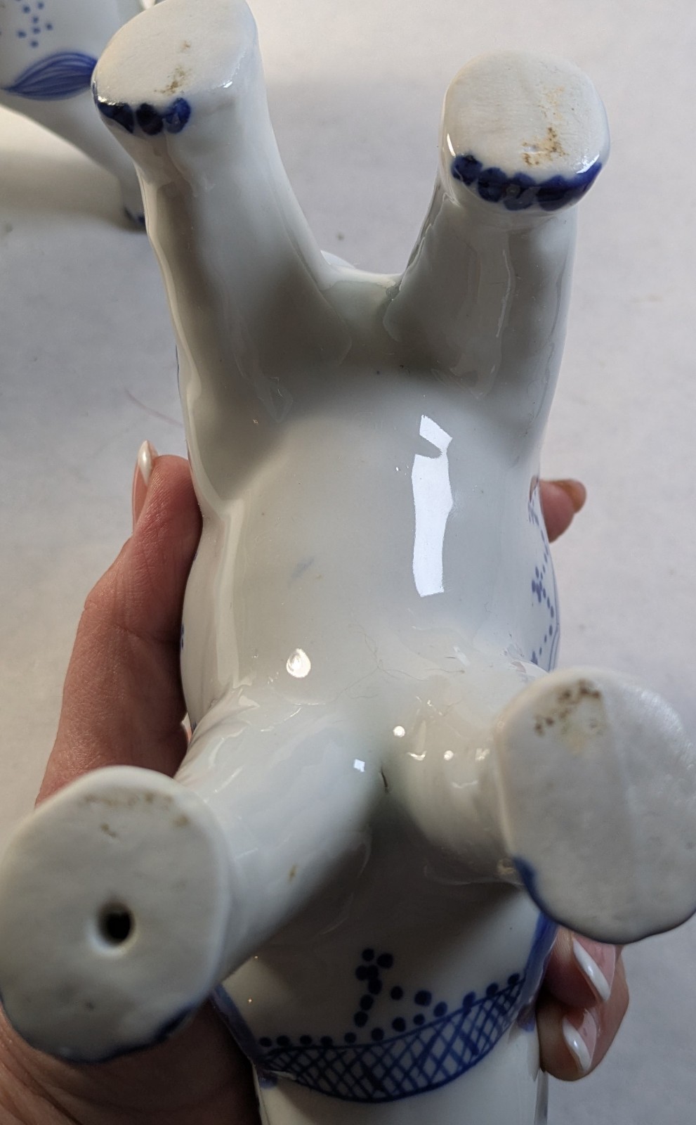 Pair of Blue and White Porcelain Elephant Figurines Trunk Up Good Luck