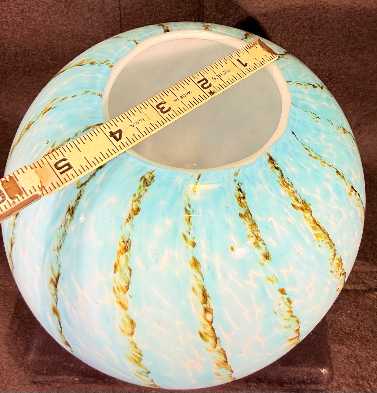 vase with aqua blue and opalescent swirl pattern with gold aventurine stripes