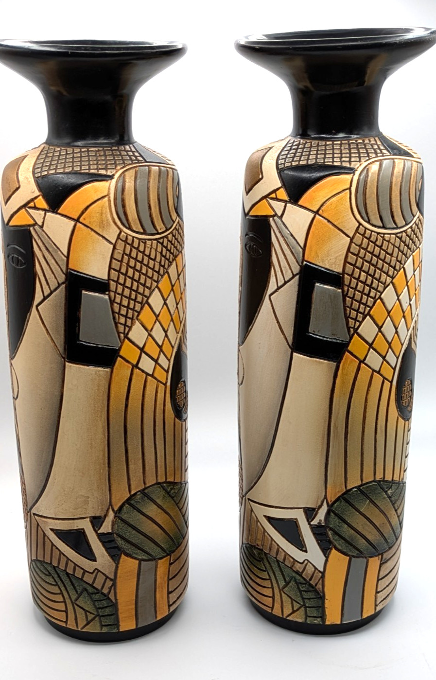 2 PICASSO STYLE CUBIST CERAMIC VASES MATCHED PAIR HAND PAINTED ABSTRACT FACE 16″