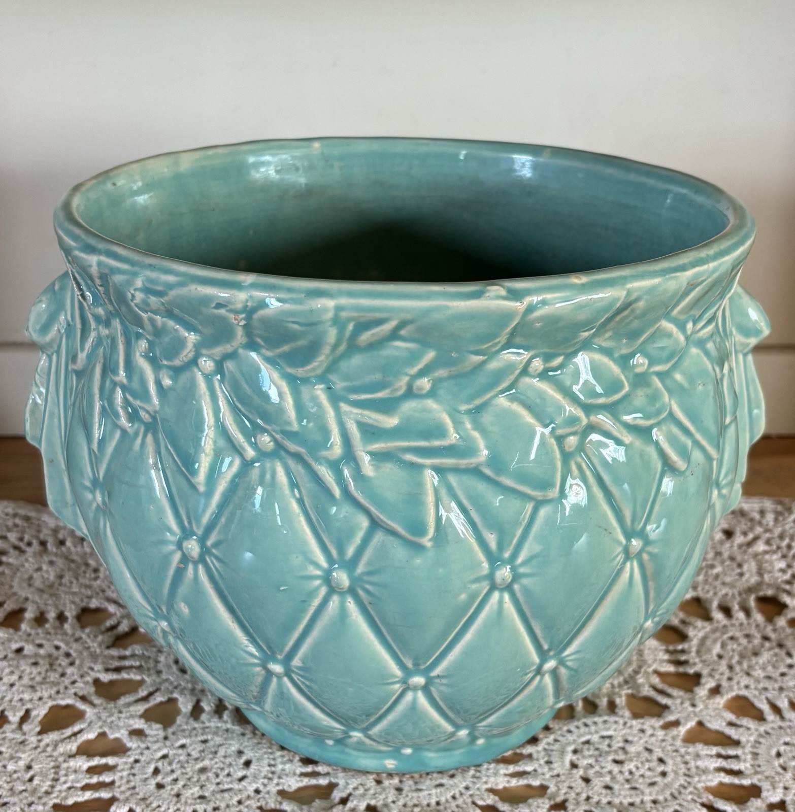 Vintage McCoy Planter Diamond Quilted Leaf Berries Seafoam Green Jardiniere 1930