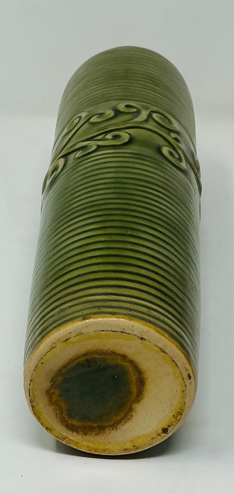 Vintage 1980’s Studio Art Pottery Vase Green Ribbed Tube w/ Scrolling 12” X 3 “