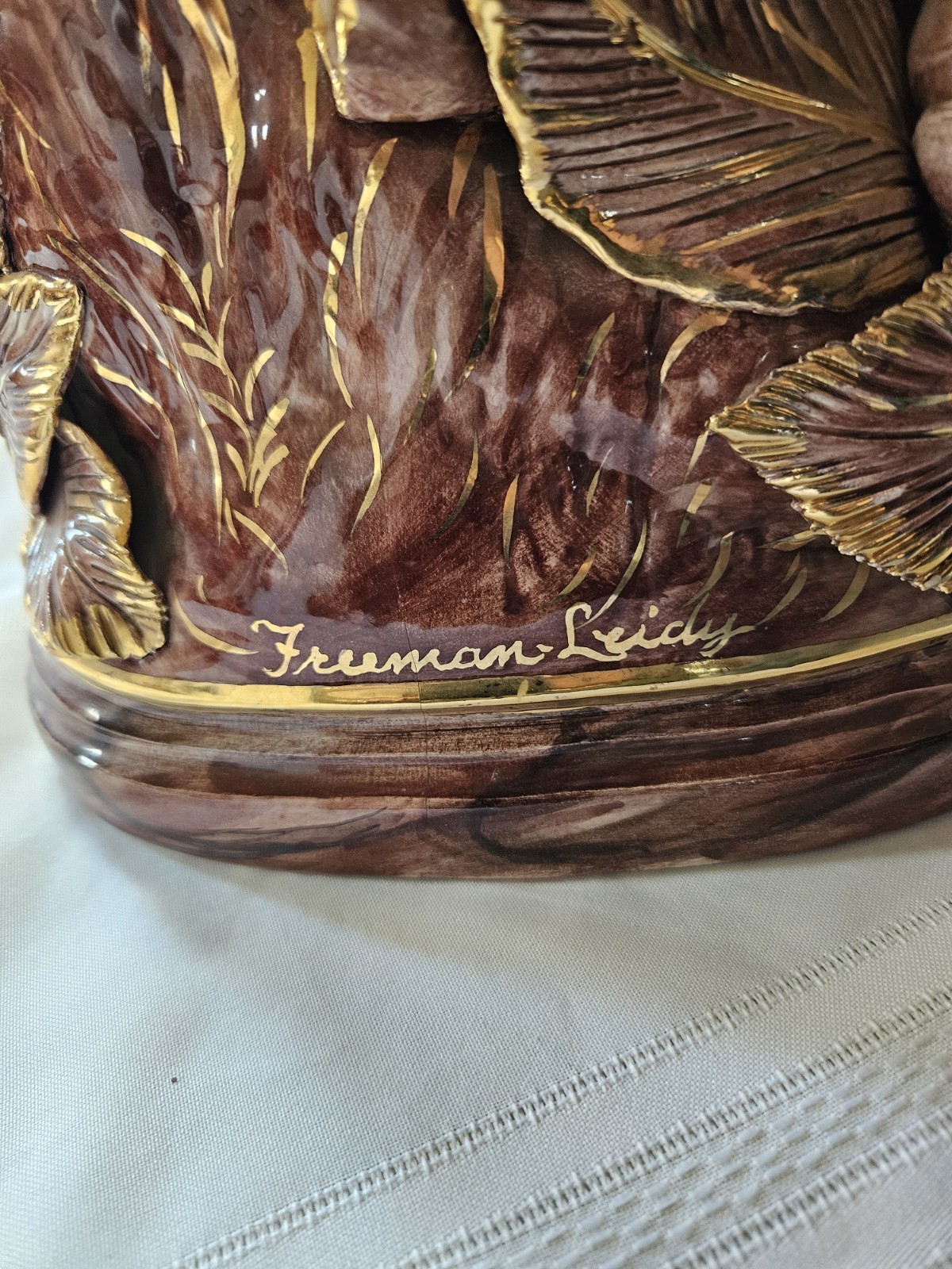 Freeman-Leidy Signed Ceramic Bird Figurines Floral Base Glossy Finish Decorative