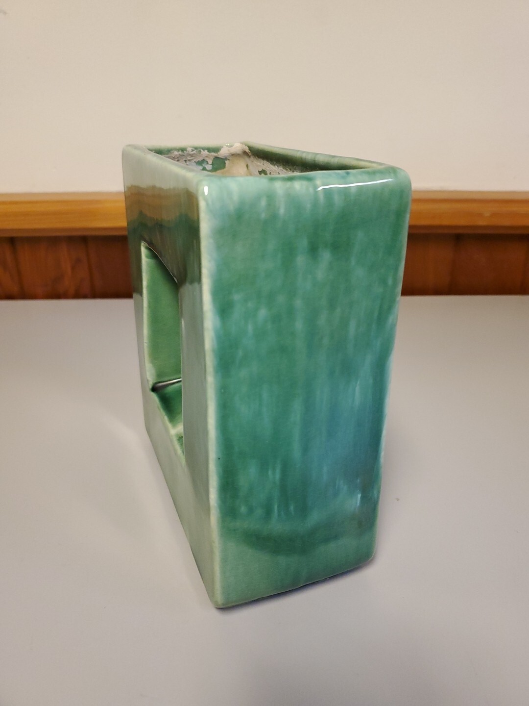 RARE 1950’s McCoy Double Shadow Box Square Green Vase with Yellow Bird