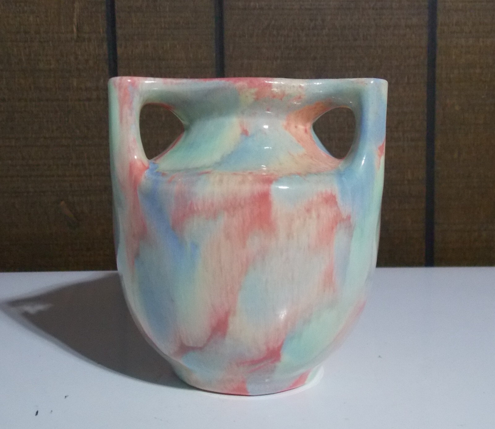 ART DECO HAEGER Vase Marble Glaze Rare Angled Handles Pink Blue Green 