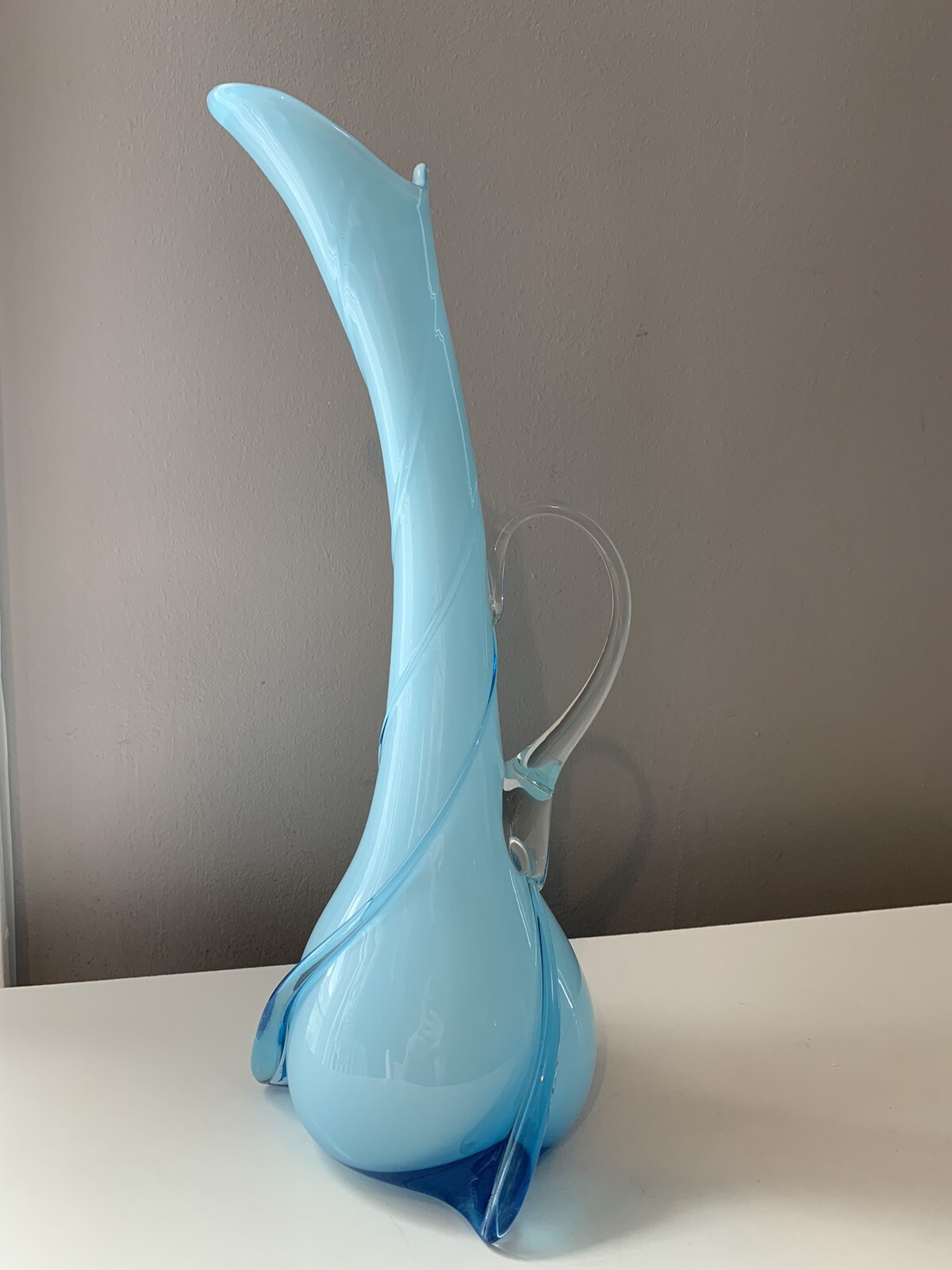 Mid Century Modern Cased Light Blue Applied Glass Spiral Pitcher Ewer Vase 15.5