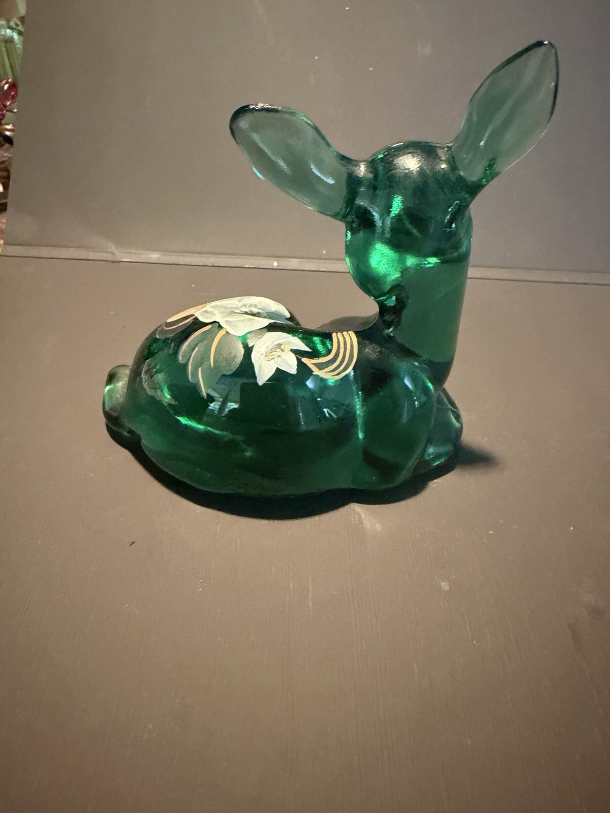 Fenton Art Glass Spruce Emerald Green Reclining Fawn Deer Figurine Hand Painted