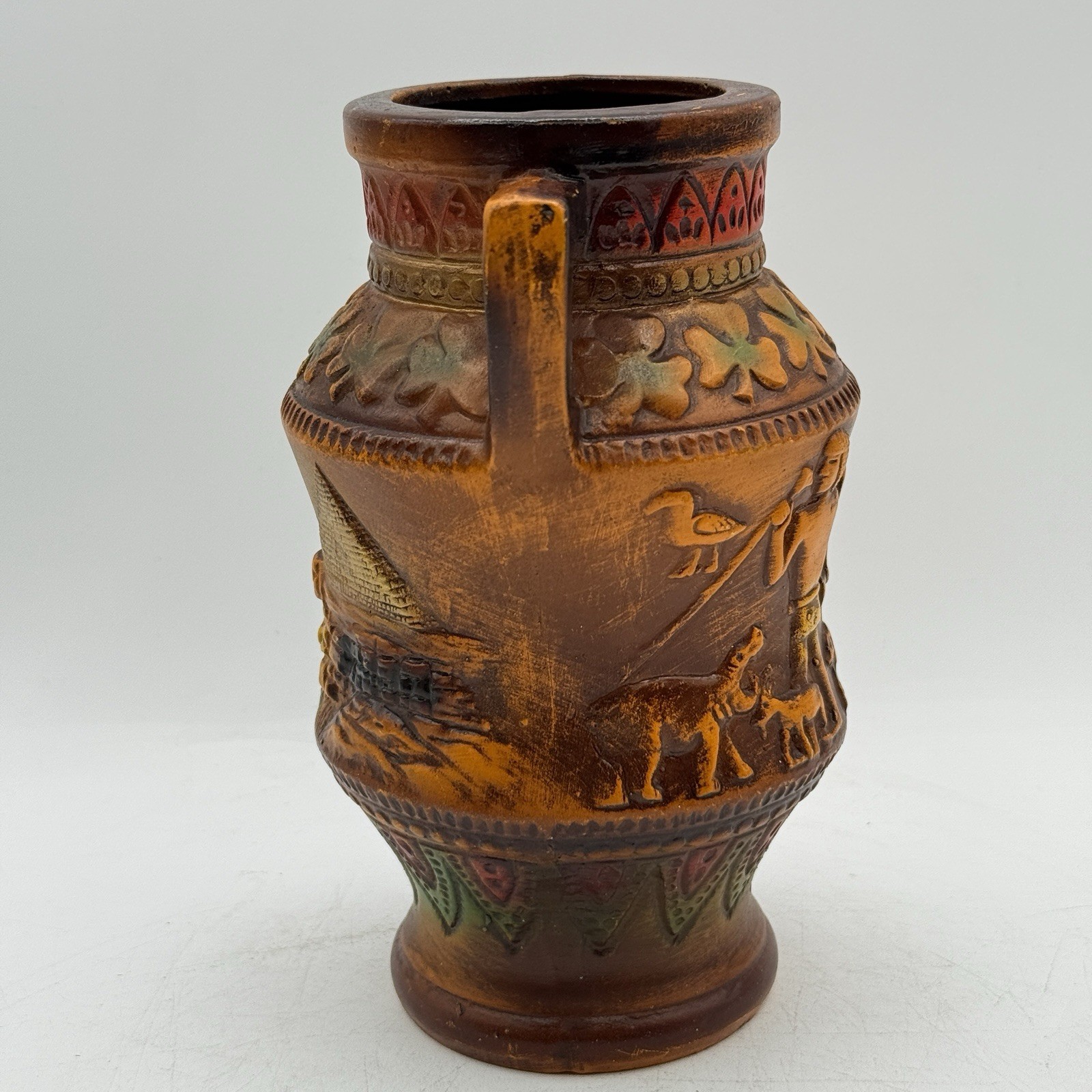 Vintage 1960s Norleans Redware Ceramic Egyptian Pyramids Motif 7” Vase Japan