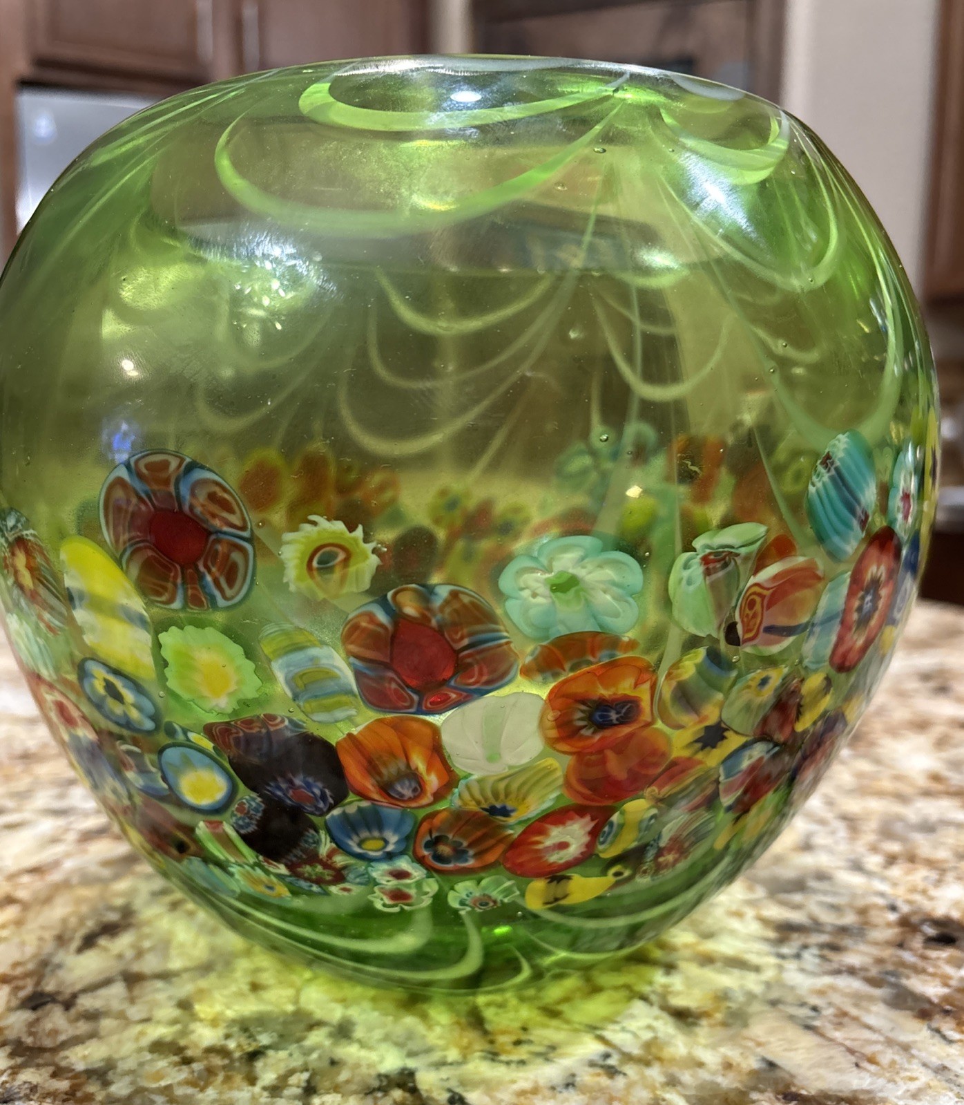 Murano Millefiori Latticino Bowl Vase Fratelli Toso Art Glass Green Multicolor