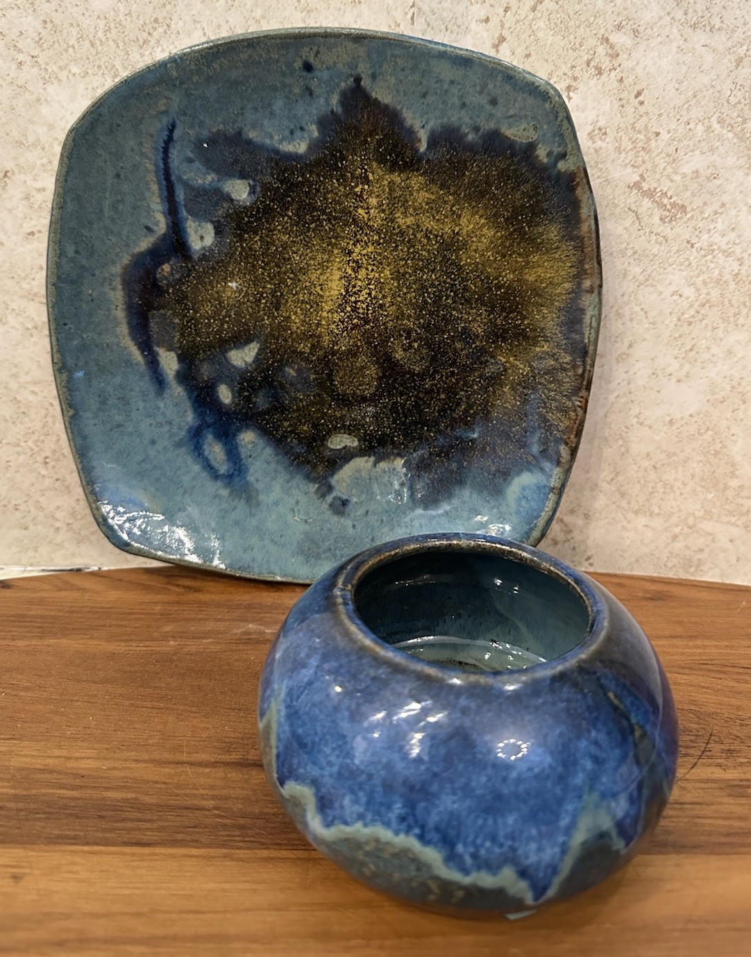 Studio Pottery Bowl & Platter Set Blue Green Flowing Art Glaze Signed