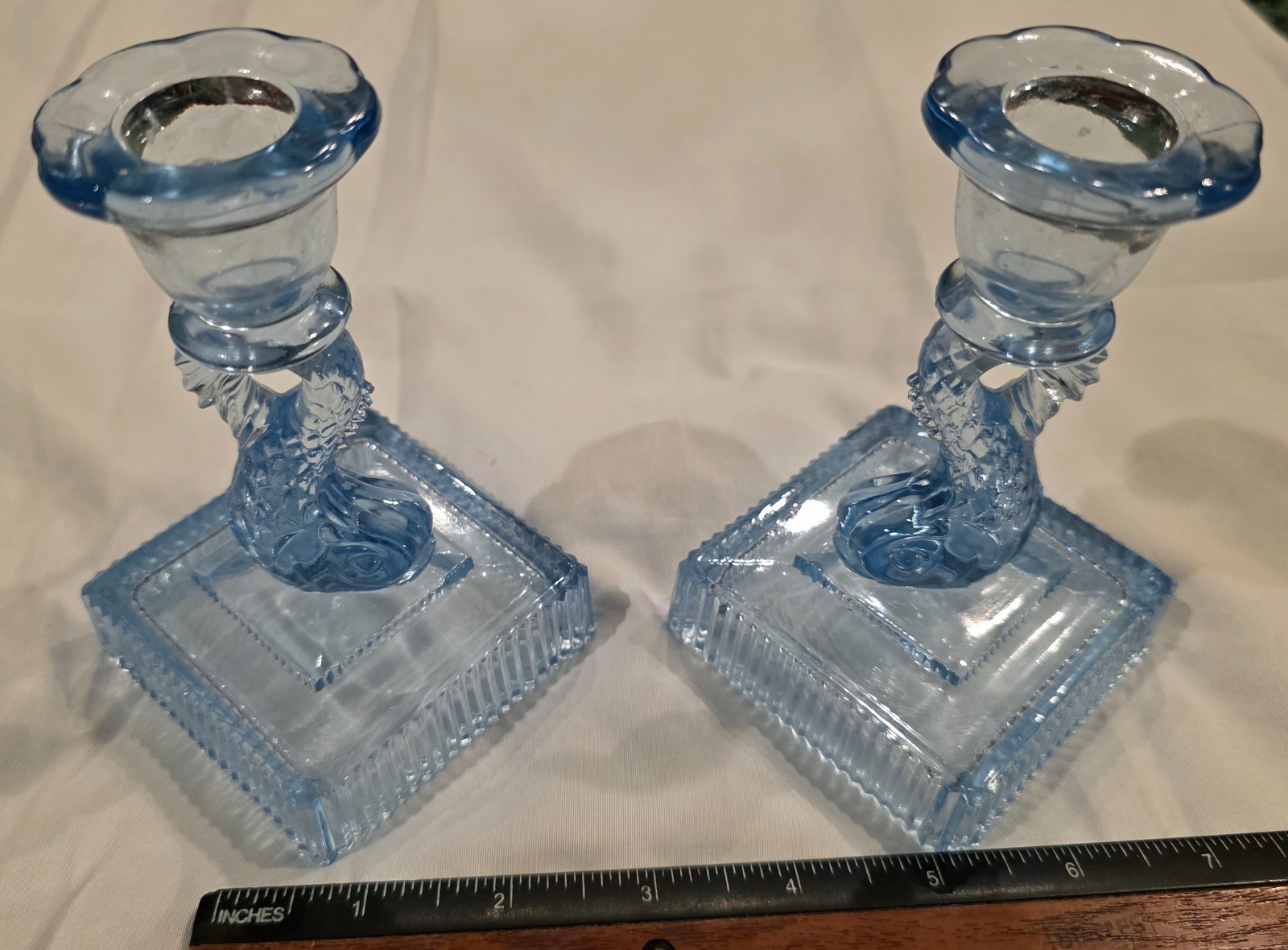 Pair of 1930’s Light Blue Imperial Glass Candlesticks with Fish