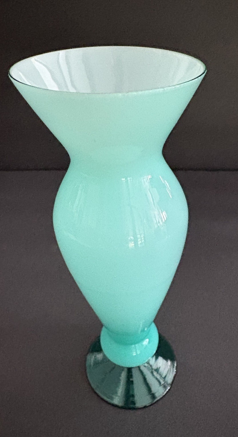 Vtg Mint Green & White Opalescent Blown Glass Vase Glossy Finish Cased 7 in Tall