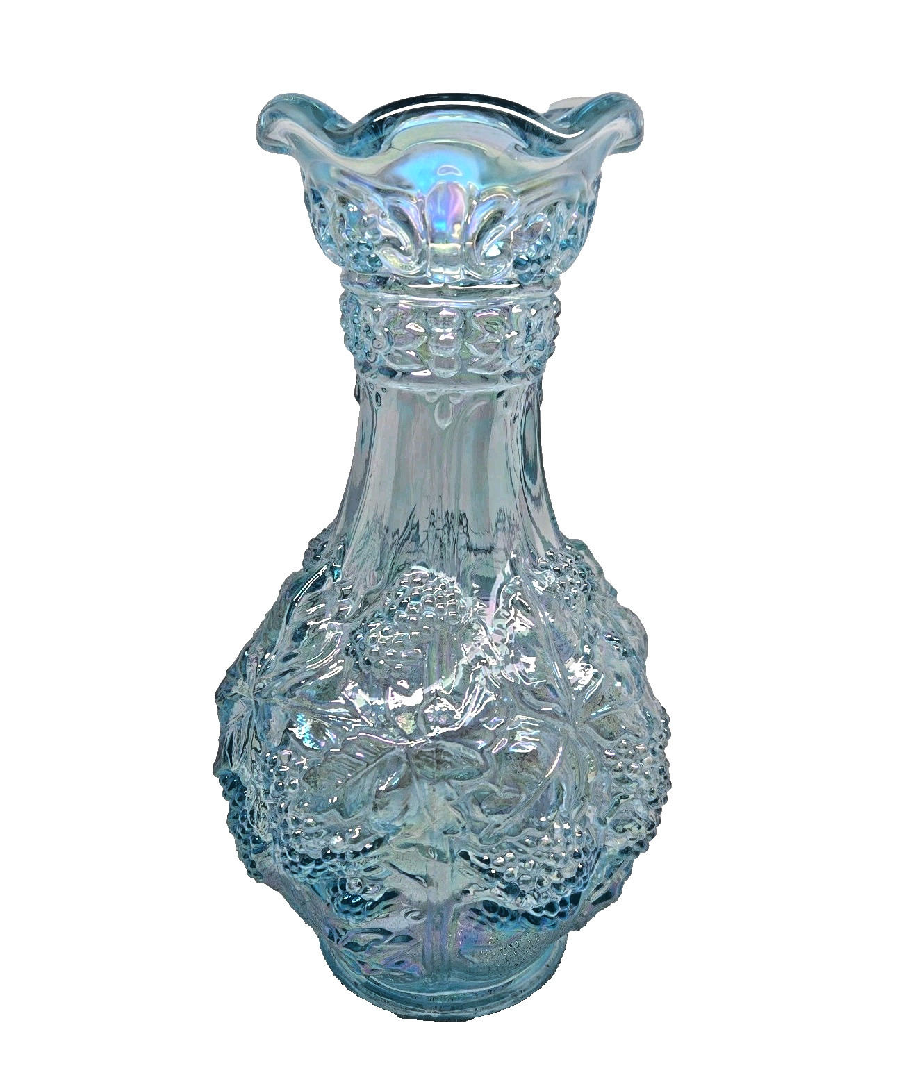 Imperial Glass Blue Vase Vintage Iridescent Carnival Glass w/Grapevines 10″ EUC