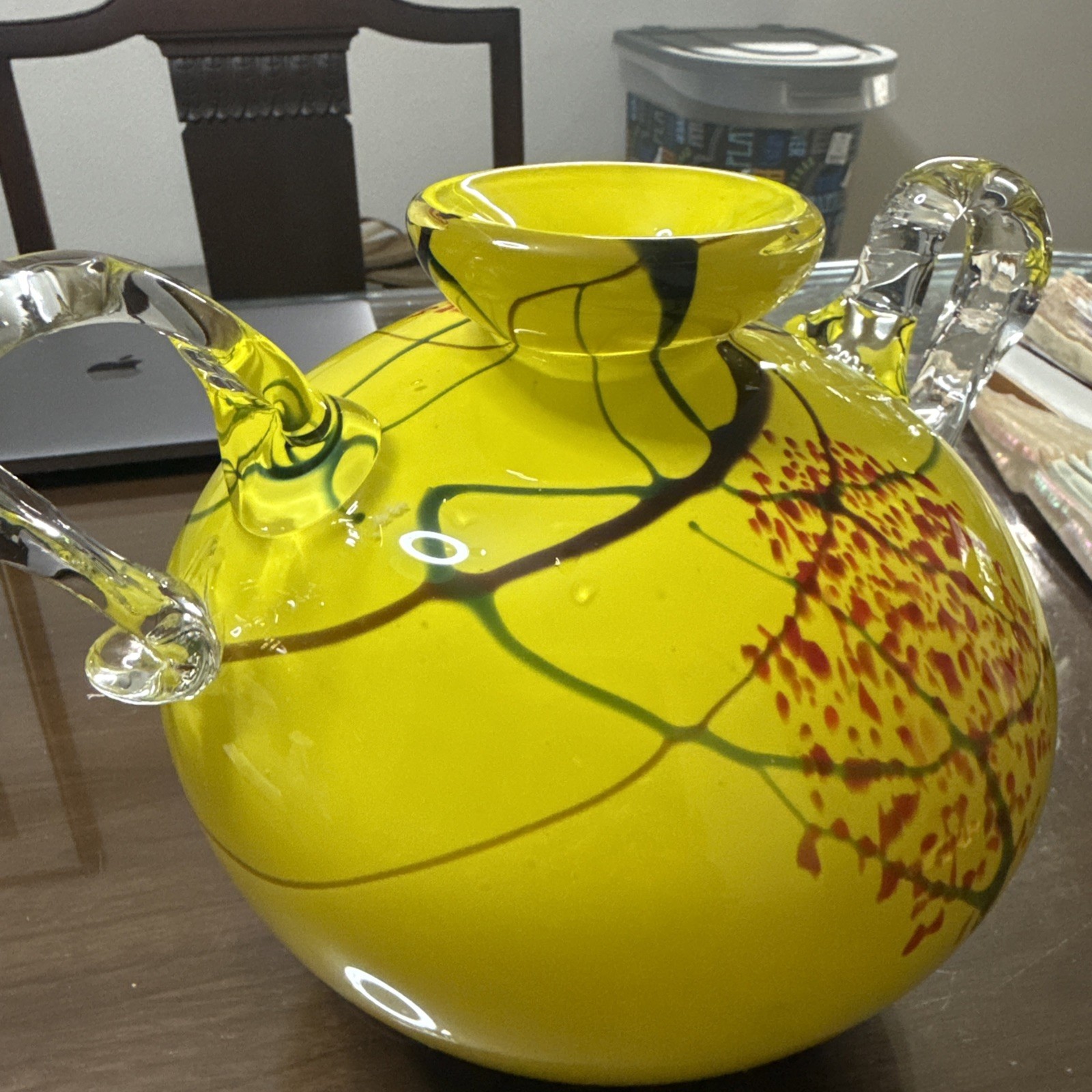 Murano? 2 Handle Jug/Vase 8 1/2″ x 9 1/2″ Yellow/Green/ Red