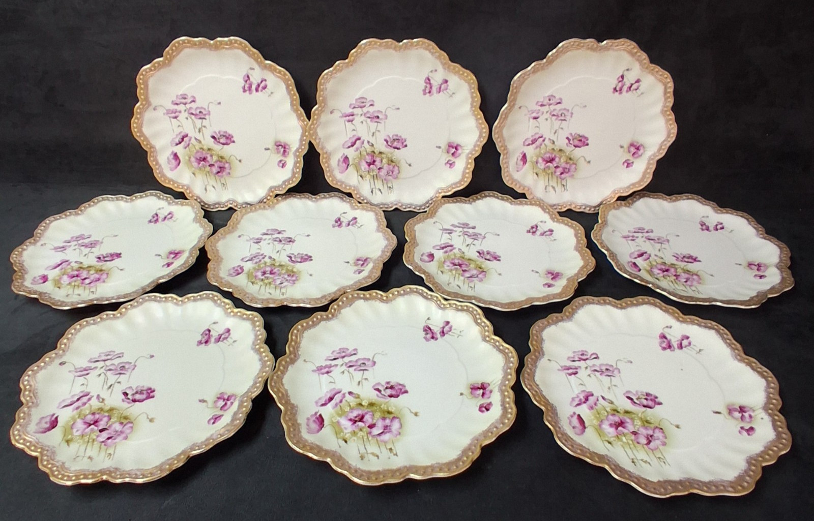 10 (Ten) A L Lanternier Limoges France (?) POPPY GILDED Plates Set 9 1/2 Inches