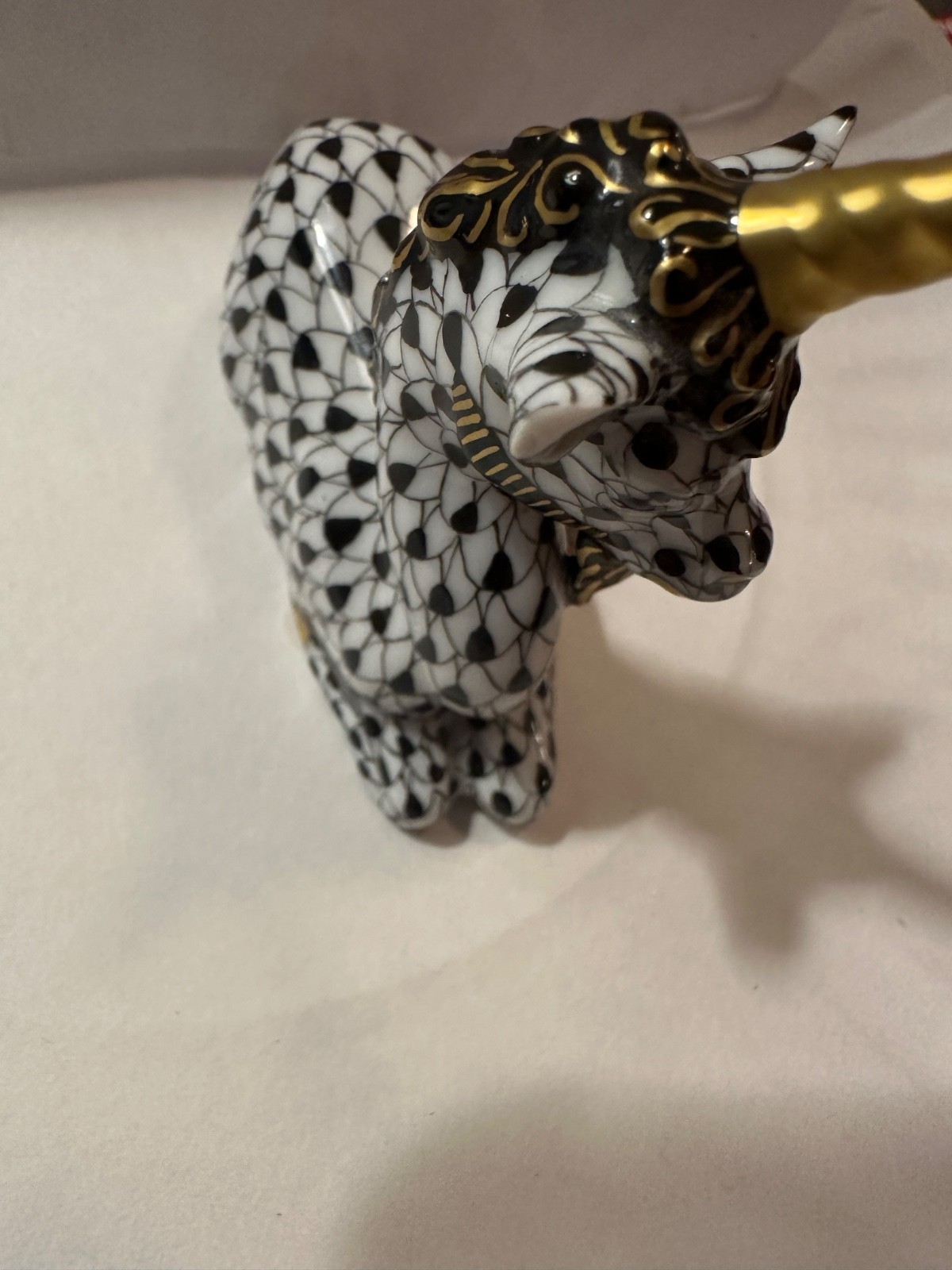 Herend Hungary Porcelain Fishnet Unicorn Figurine ~rare-Black & Gold chipped ear