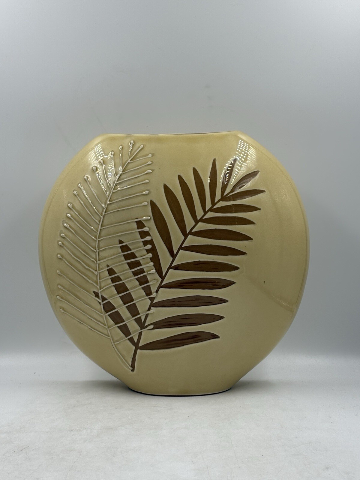 Pair Of Two MCM Vintage Fern Vases Retro With Raised Fern Print Ceramic