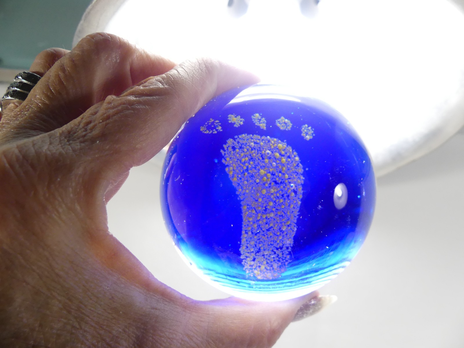 Vintage Colbalt Blue Golden Footprint Sand Art Paperweight