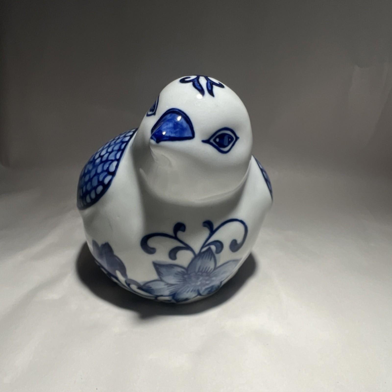 Blue White Ceramic Bird Figurine Floral Pattern Glossy Decorative Pottery