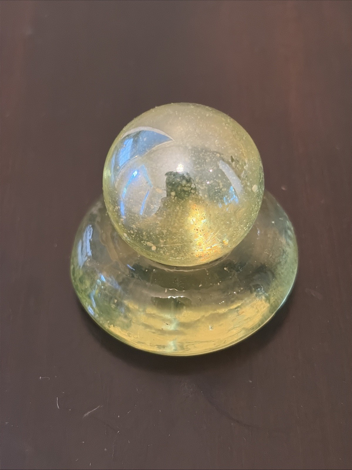 Boyd Marble Holder 1.5″ Vaseline Uranium Glass UV Glow w/ 1″ Shooter Marble HTF