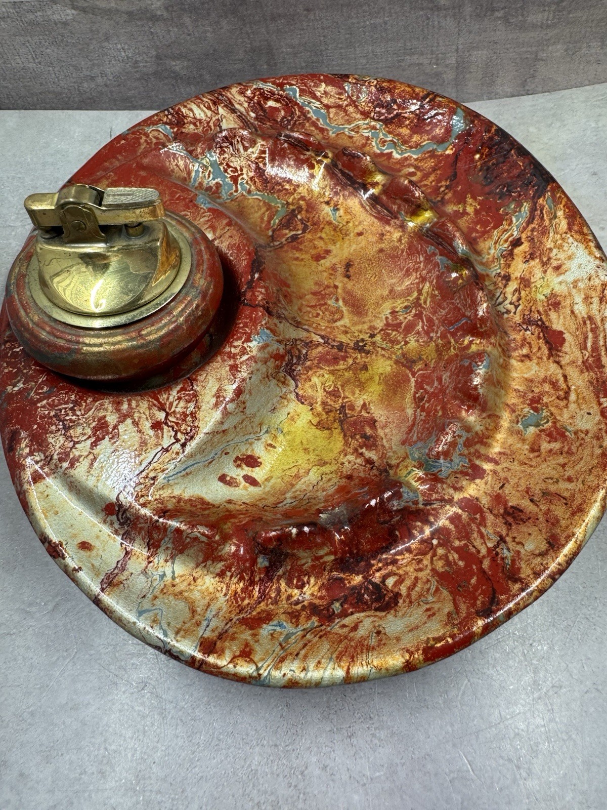 Vintage California USA Original Pottery Ashtray w/ Lighter Red Orange Gold Glaze