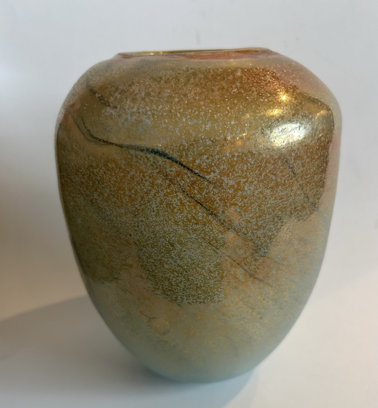 Iridescent Art Glass Vase Handmade Vintage Gold, Turquoise 7.5”x2.5” Opening