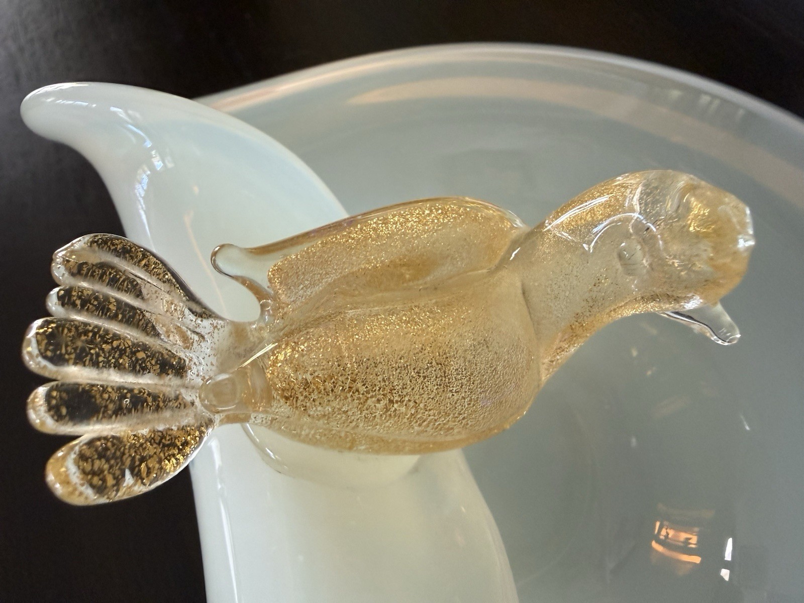 Mid 20th Century Murano Attributed Opalescent Glass Bowl Perchin Gold Fleck Bird