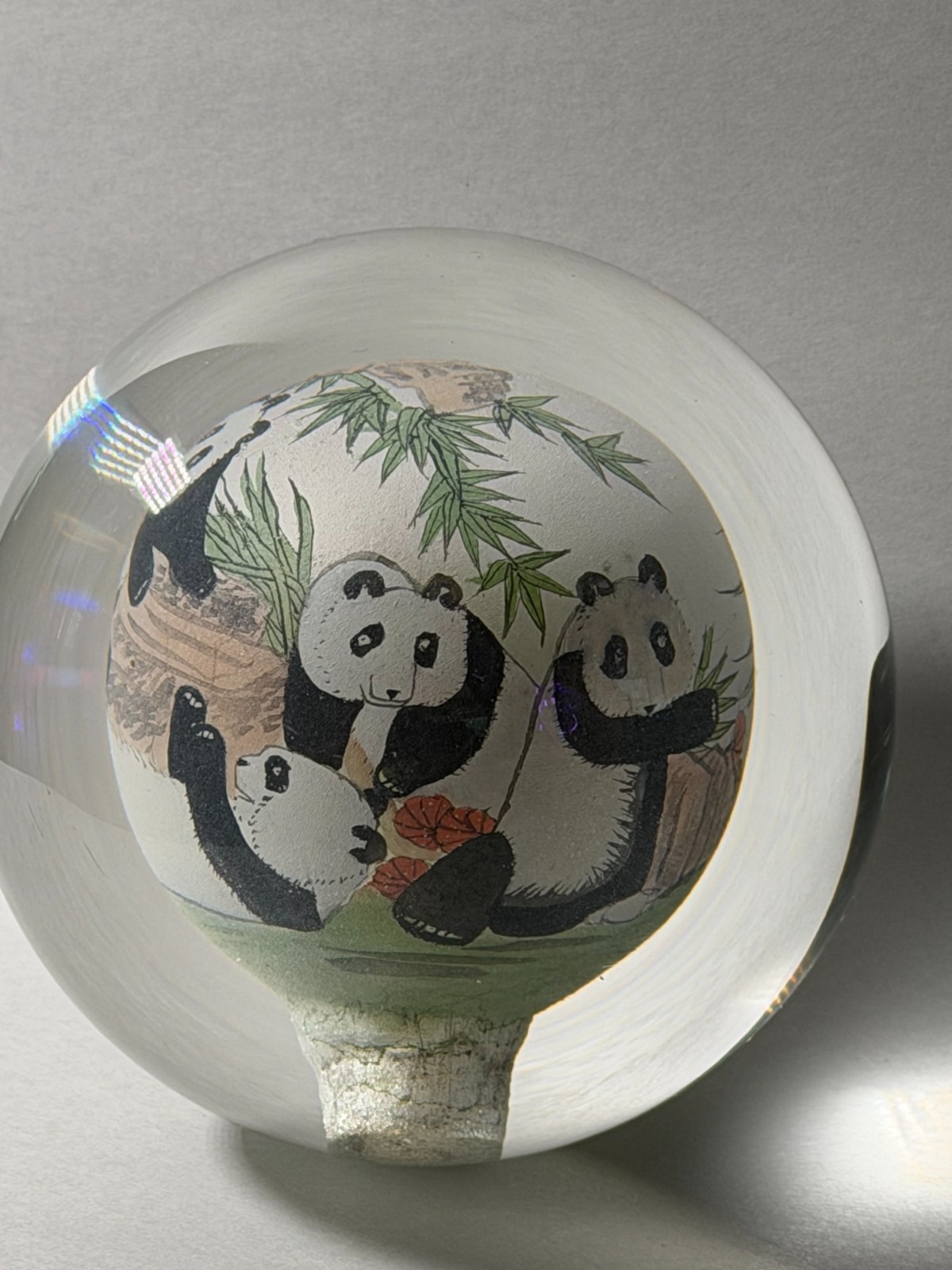 Vintage Glass Panda Family Paperweight Reverse Painted Wildlife Art 3.5″ Decorat