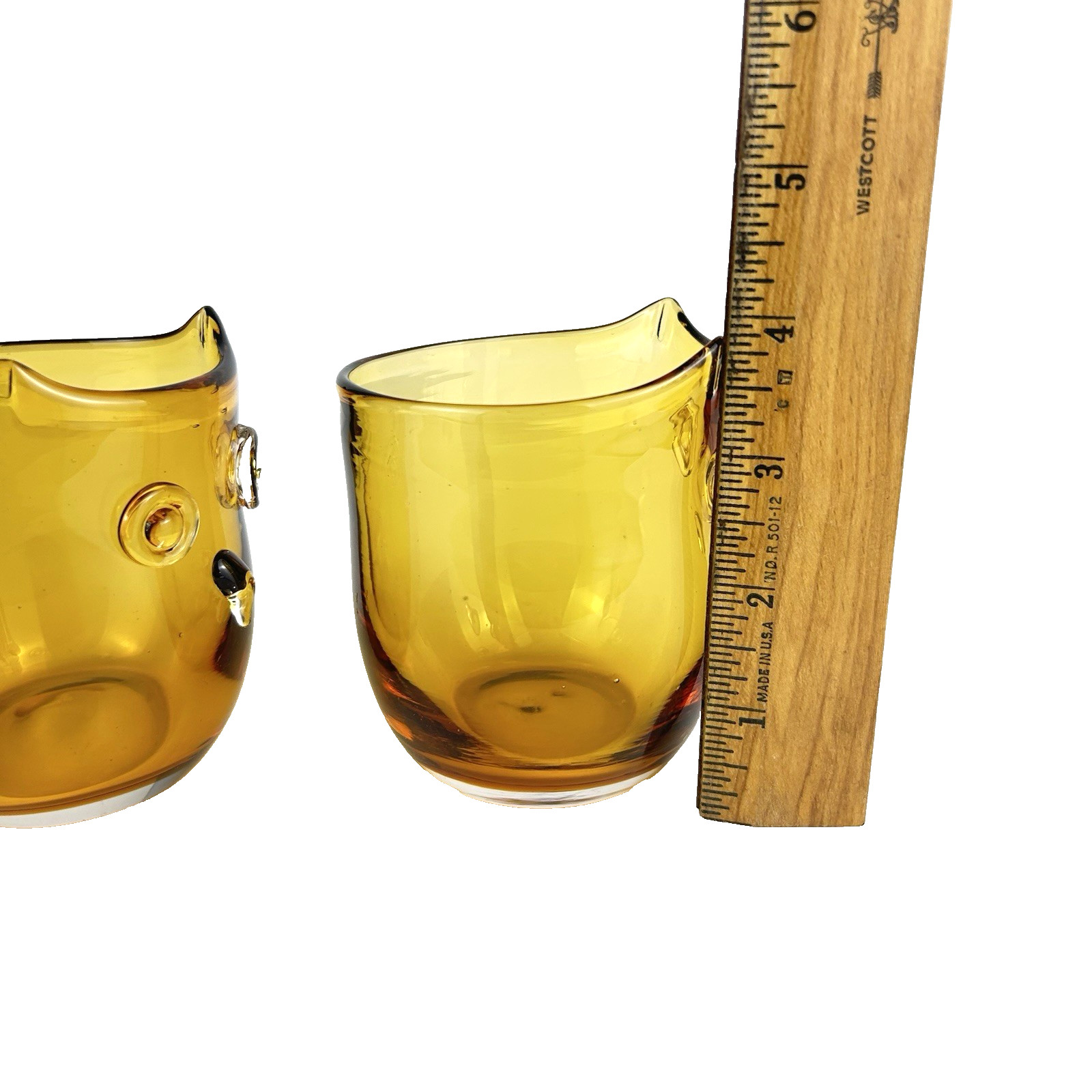 Vintage 1970s Amber Art Glass Owl Glasses Vases Set of 2 Mid Century Home Decor