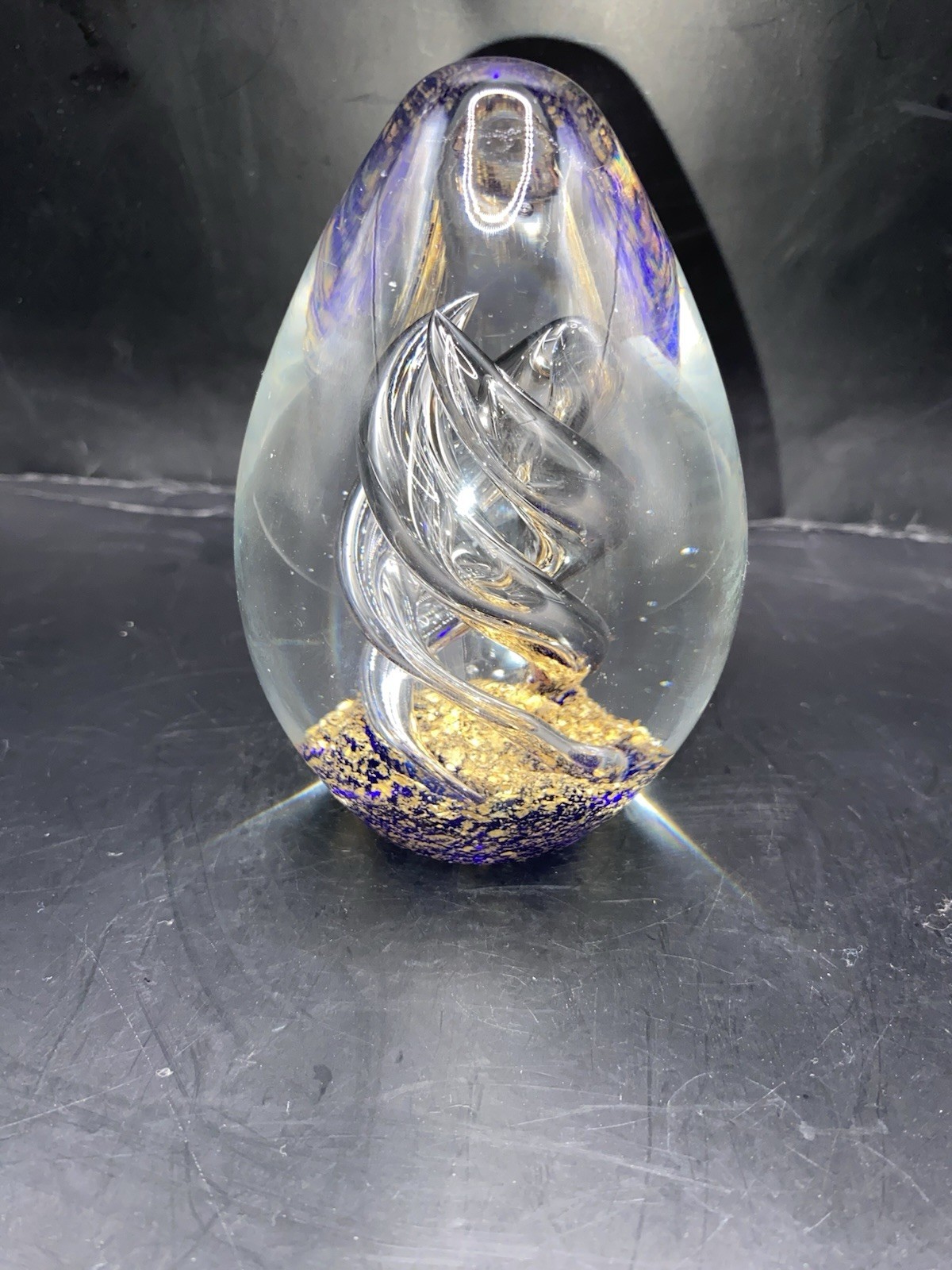 VTG Paperweight Clear Cobalt Blue with Clear Swirl Helix and Gold Flecks