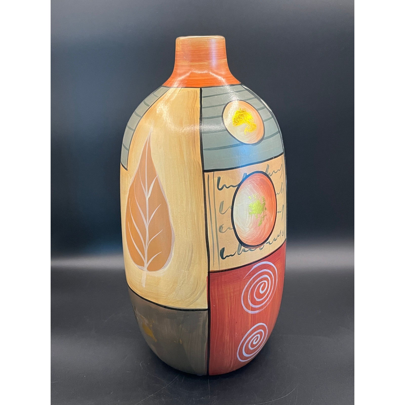 Tall Ceramic Cylindrical Multicolored Vase 14.5″ Green Red Gold Orange Decor