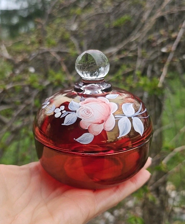 Vtg Westmoreland Cranberry Covered Trinket Dish Vanity Decor Hand Painted Signed