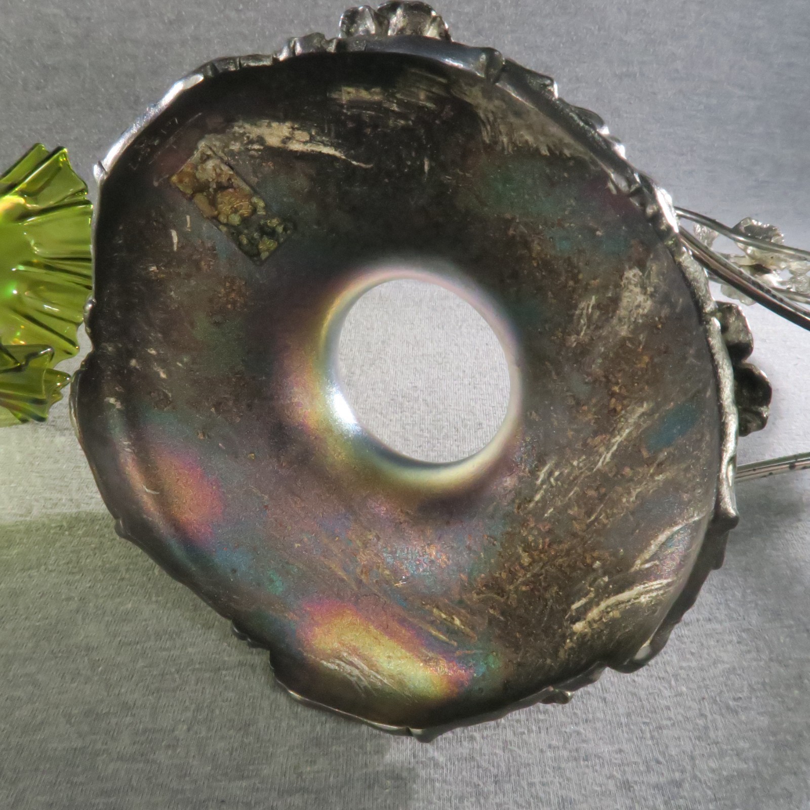 Antique Brides Basket Green Iridescent Ruffled Art Glass Silverplate Art Nouveau