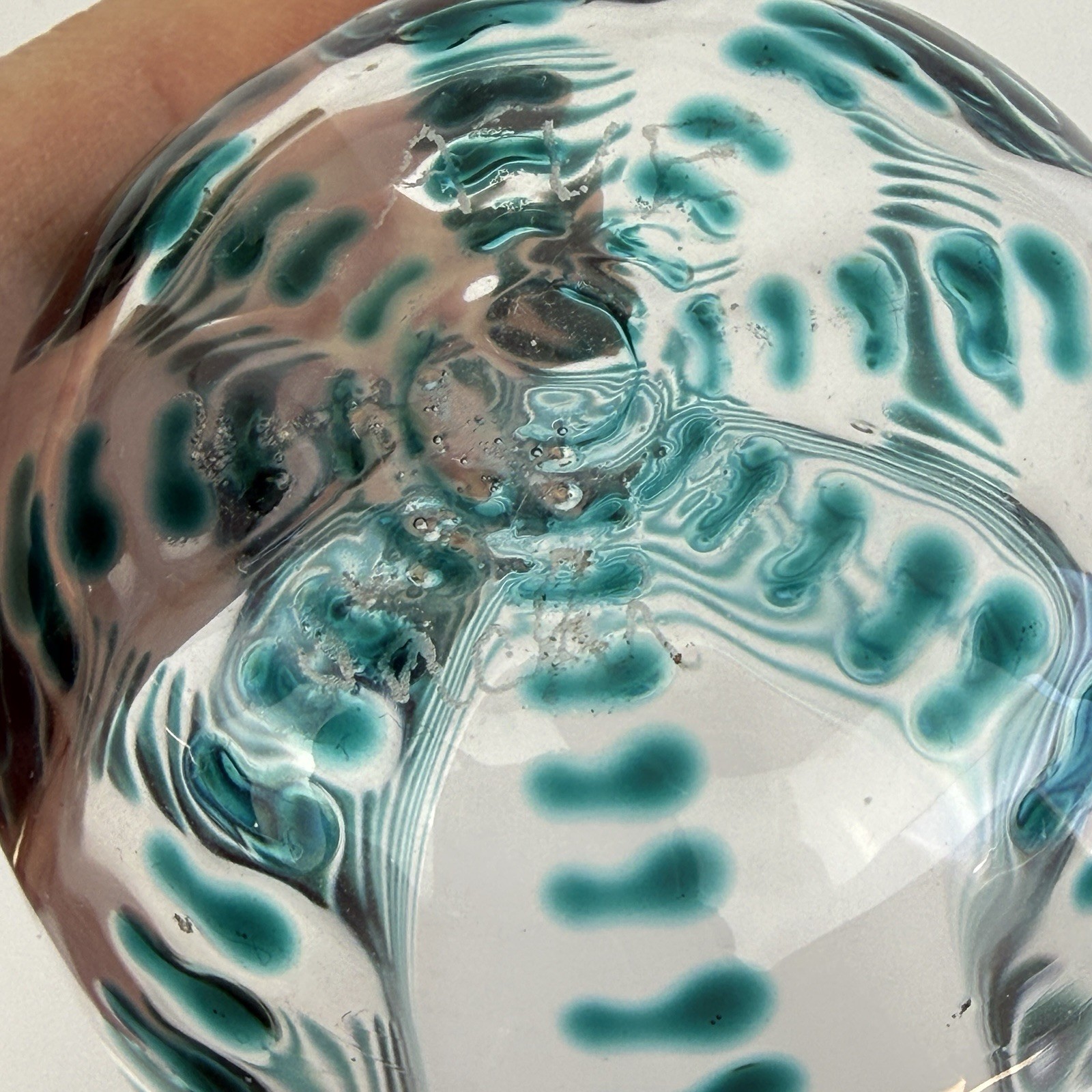Hand-blown Signed glass tumbler votive candle holder teal stripes art glass