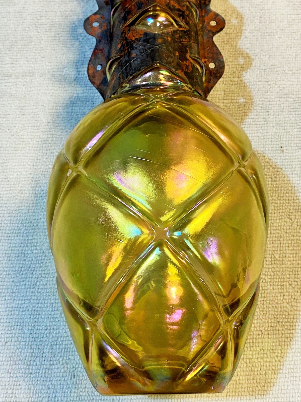 Silvestri Mouth Blown Iridescent Glass Vase Copper Cuff Brutalist Italian 10.5″