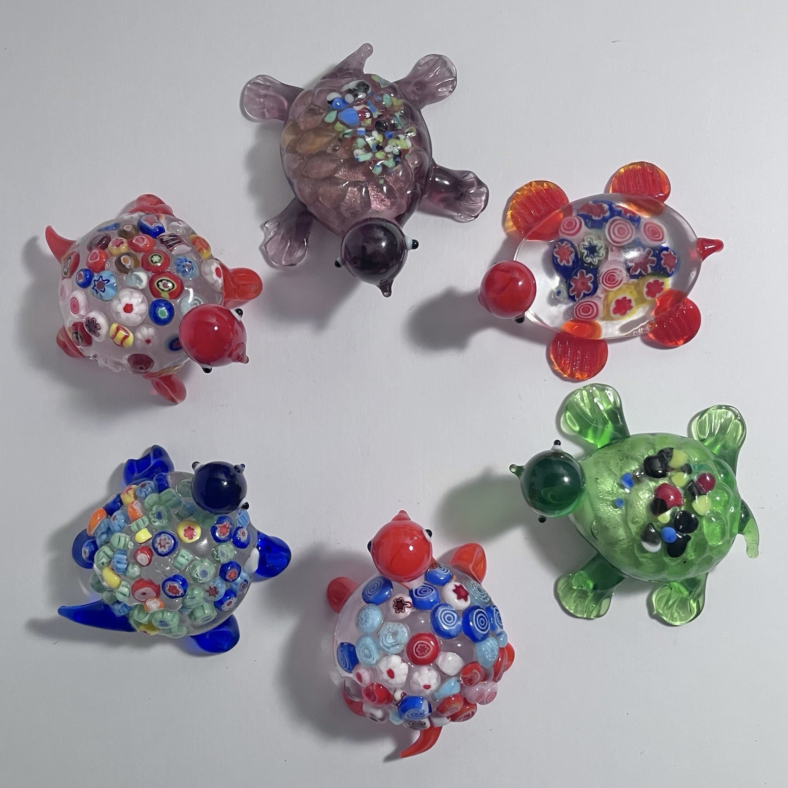 6 MURANO-STYLE Handblown GLASS TURTLES With MILLEFIORI CANE Decoration, One Chip