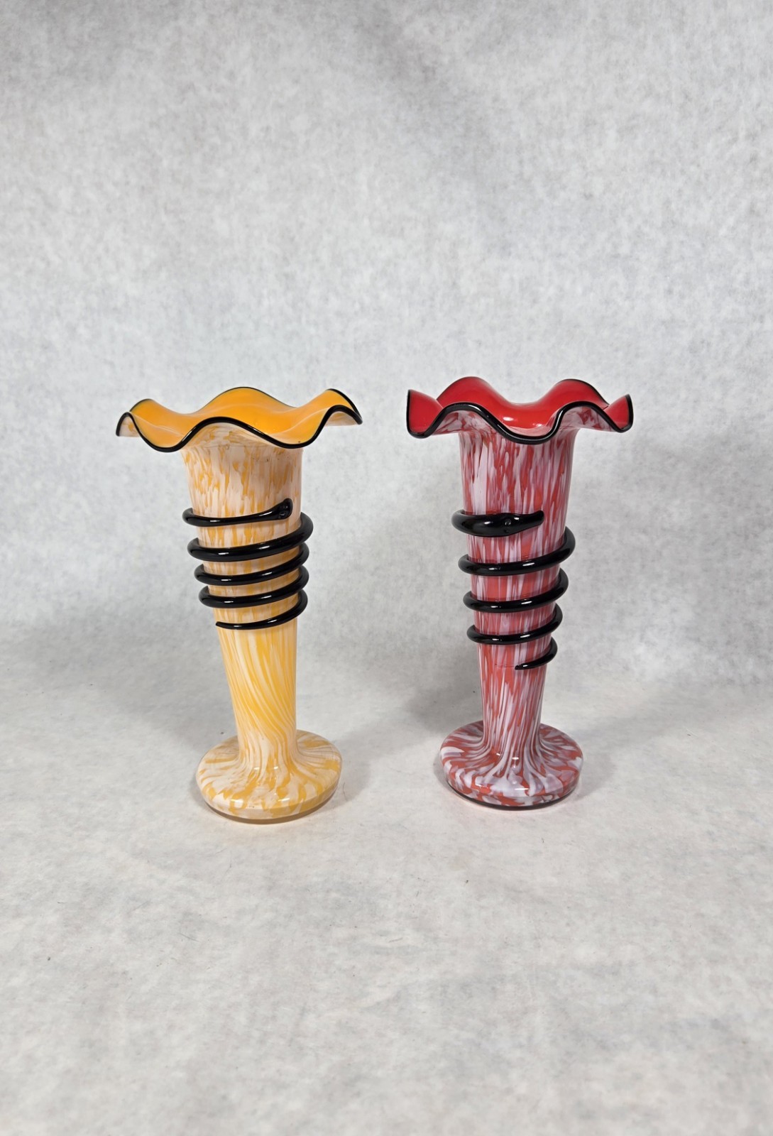 Vintage CzechoslovakiaGlass Tango ? Vase Red & Yellow Black Swirl Bohemian Lot 2