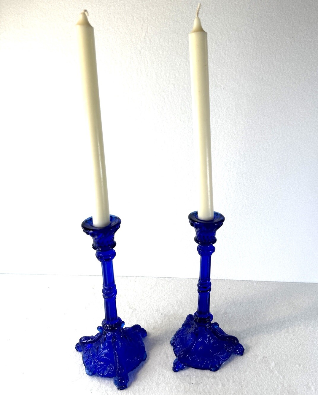 Portieux Vallerysthal Cobalt Blue Glass Candlestick Pair 9″ Vintage