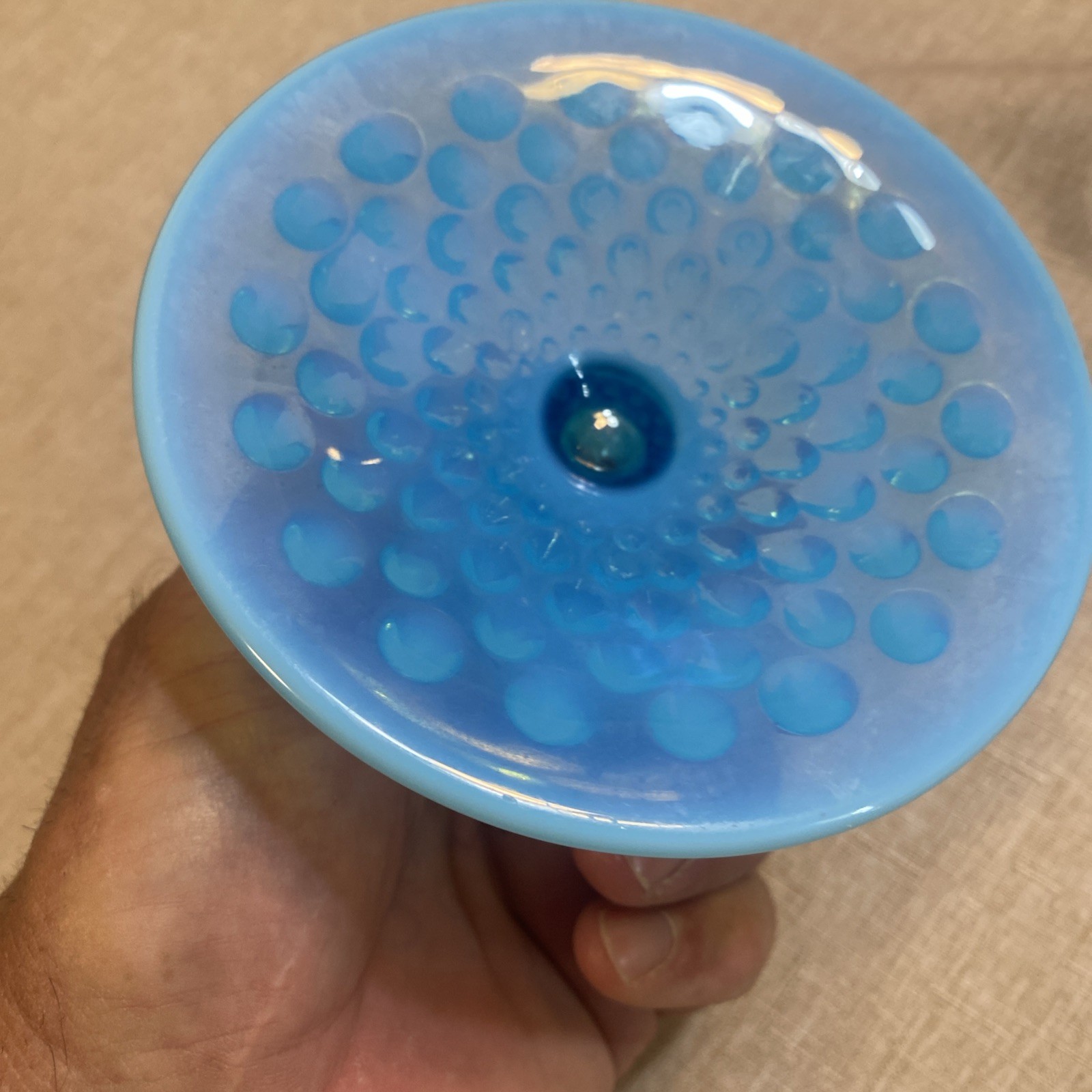 VTG! Rare! PAIR OF 1950’s Fenton Aqua Blue Opalescent Hobnail Candleholders