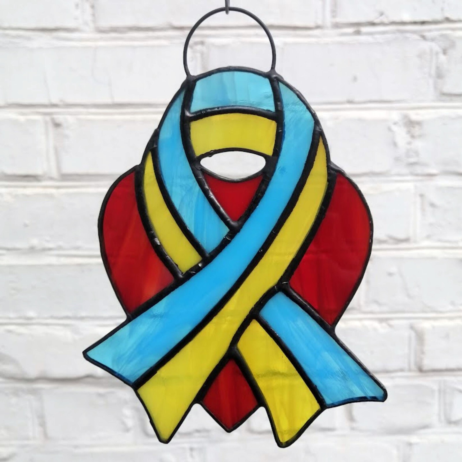 Ukraine Flag Ribbon Red Heart Stained Glass Suncatcher – Ukrainian Window Panel